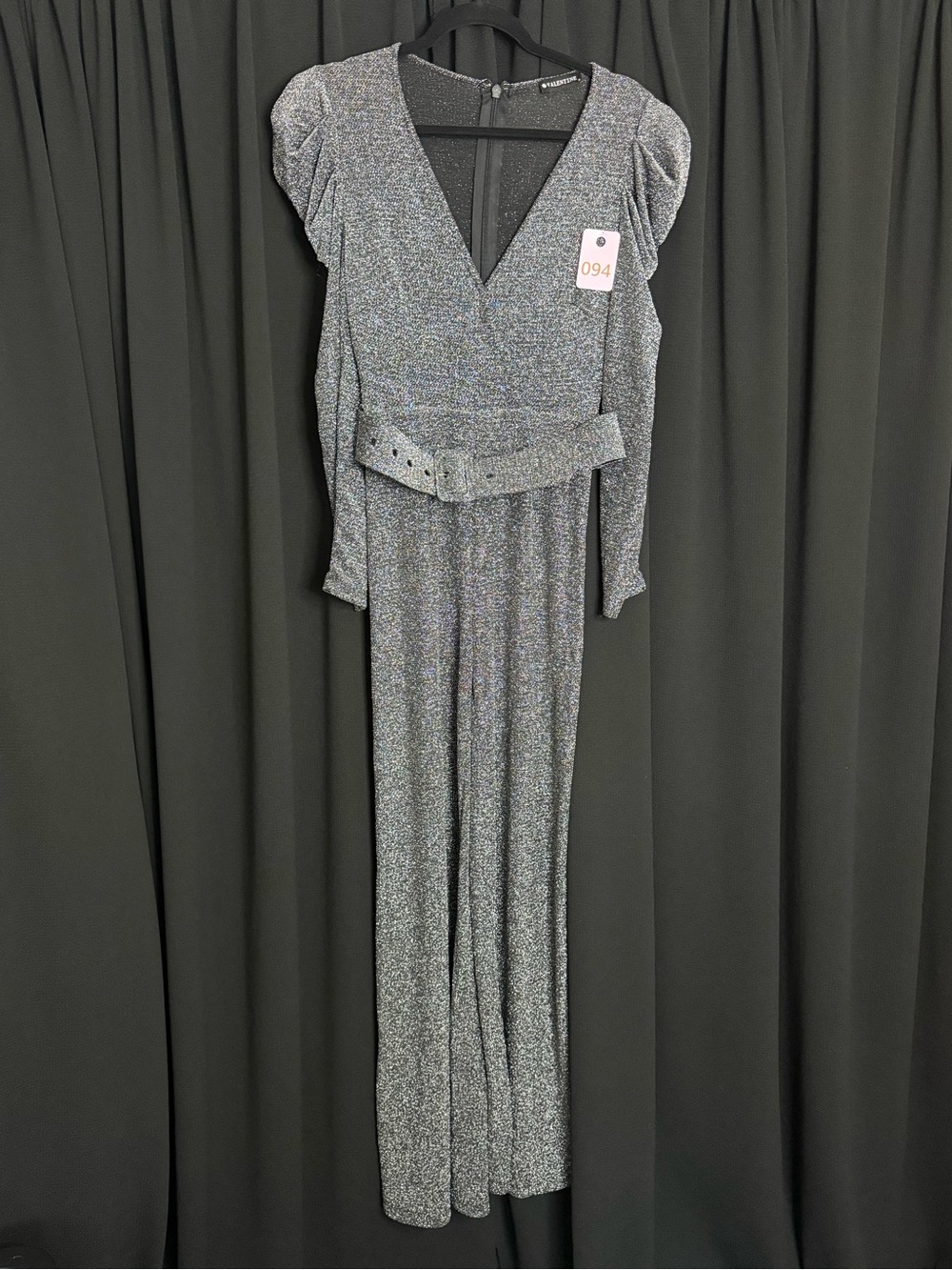 Shimmery Silver and black V-Neck Long Sleeve Jumpsuit with Belt
